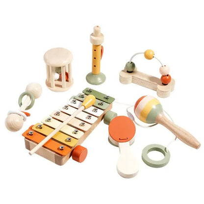 Hochet bébé en bois naturel — 7 instruments, zéro plastique, zéro écran