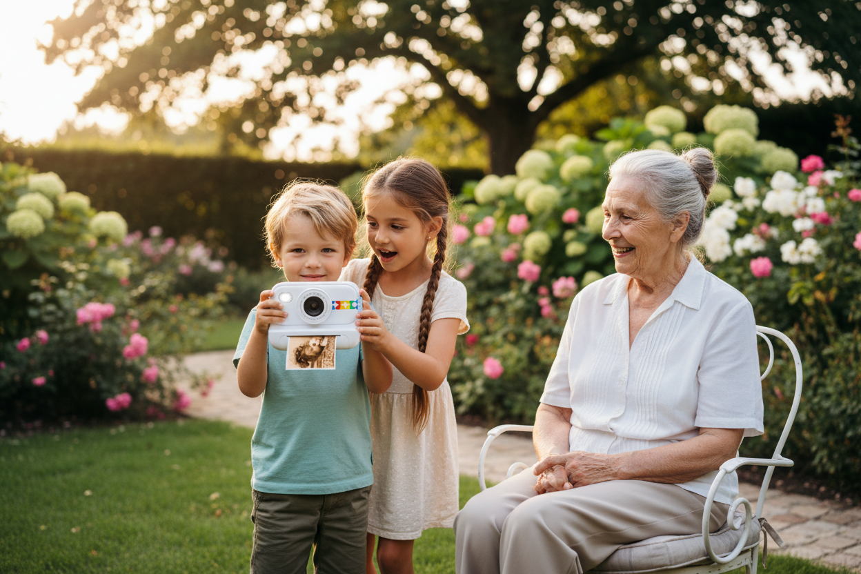 Hugo, Léna et leur grand-mère avec l'appareil photo instantané blanc