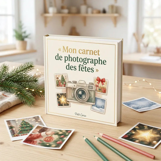 Présentation de l’ebook Mon carnet de photographe des fêtes de  Petit Curio sous forme de livre sur fond blanc, avec une scène festive.