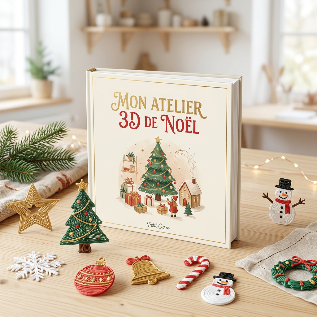 Présentation de l’ebook Mon atelier 3D de Noël de Petit Curio, entouré de décorations de Noël inspirées de créations au stylo 3D.