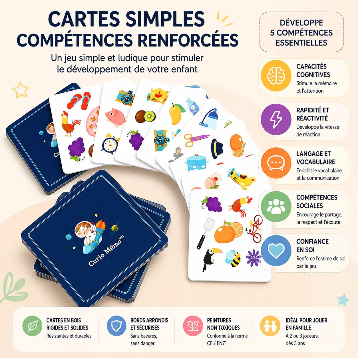 Jeu de cartes mémoire et observation en bois Curio Mémo pour enfant - Petit Curio
