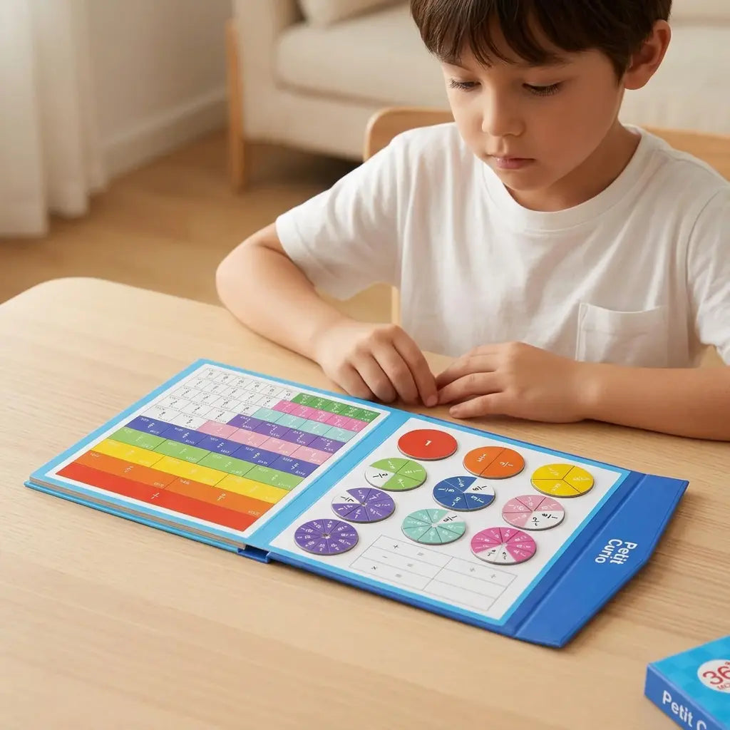 Enfant observant le carnet ouvert du jeu de maths Fracti’Malin™ sur une table