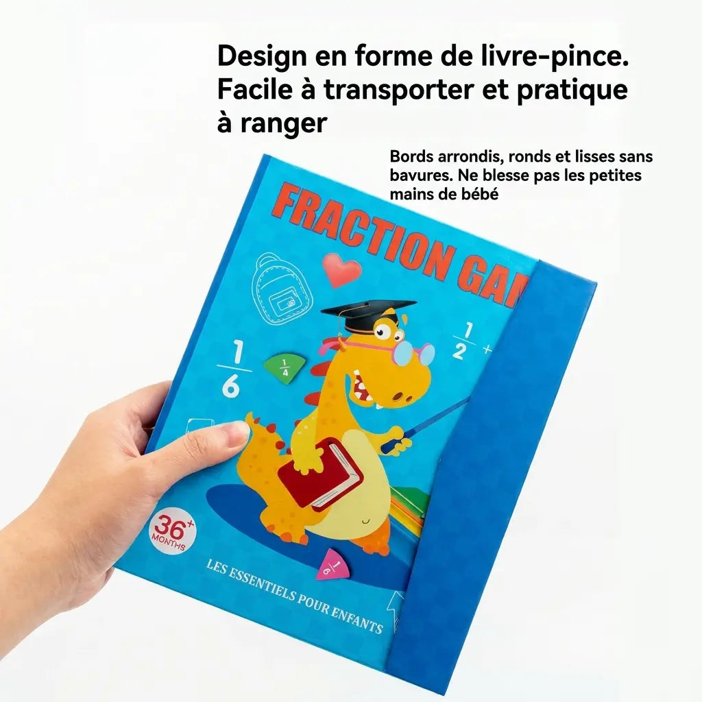 Jeu de maths Fracti’Malin™ présenté ouvert et fermé, avec pièces de fractions colorées et feutre visible à côté.