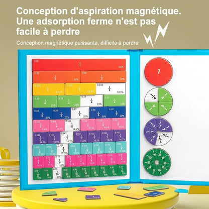 Carnet magnétique Fracti’Malin™ présenté debout, avec bandes de fractions à gauche et disques colorés à droite.