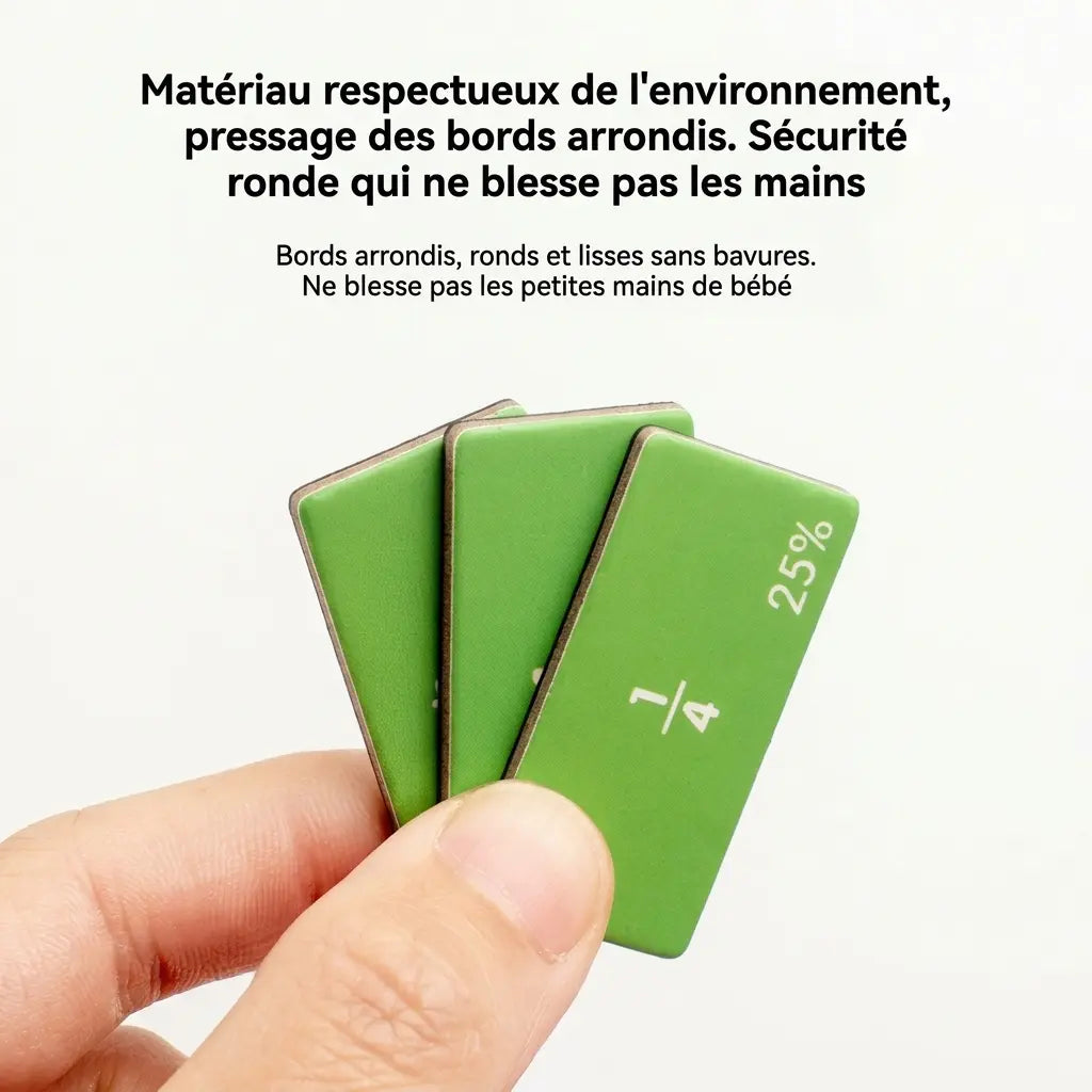 Pièces vertes du jeu de maths Fracti’Malin™, aux coins arrondis, portant les indications 1/4 et 25 %.