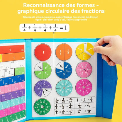 Main retirant un tiers jaune du jeu de fractions Fracti’Malin™, à côté des disques divisés en parts colorées.