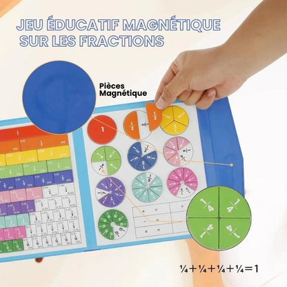 Carnet Fracti’Malin™ ouvert avec fractions magnétiques en bandes et en disques, et illustration de quatre quarts formant un tout.