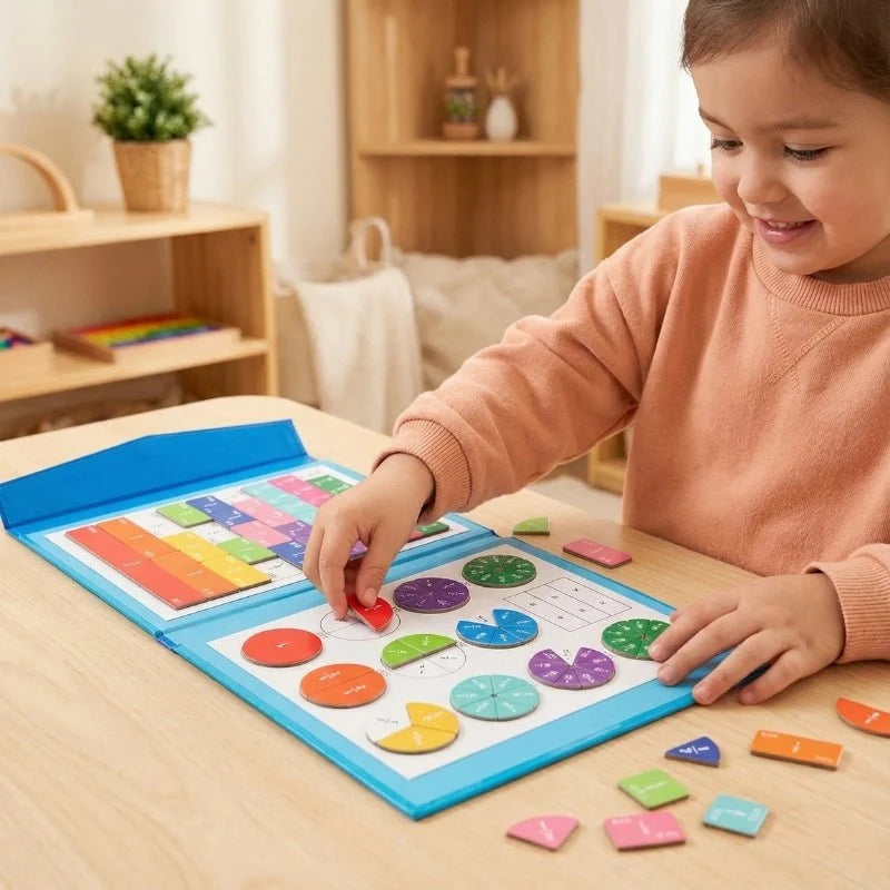 Enfant manipulant les pièces du jeu de fractions Fracti’Malin™, avec bandes et disques colorés dans un carnet bleu.
