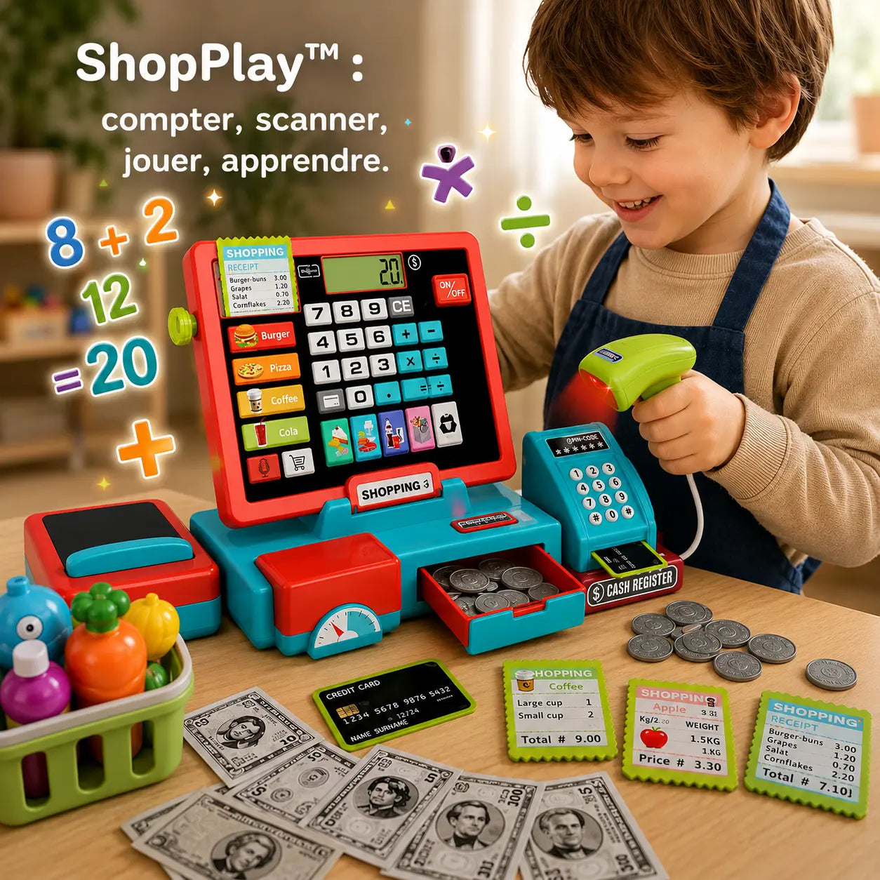 Caisse enregistreuse enfant avec calculatrice, scanner et accessoires ShopPlay - Petit Curio