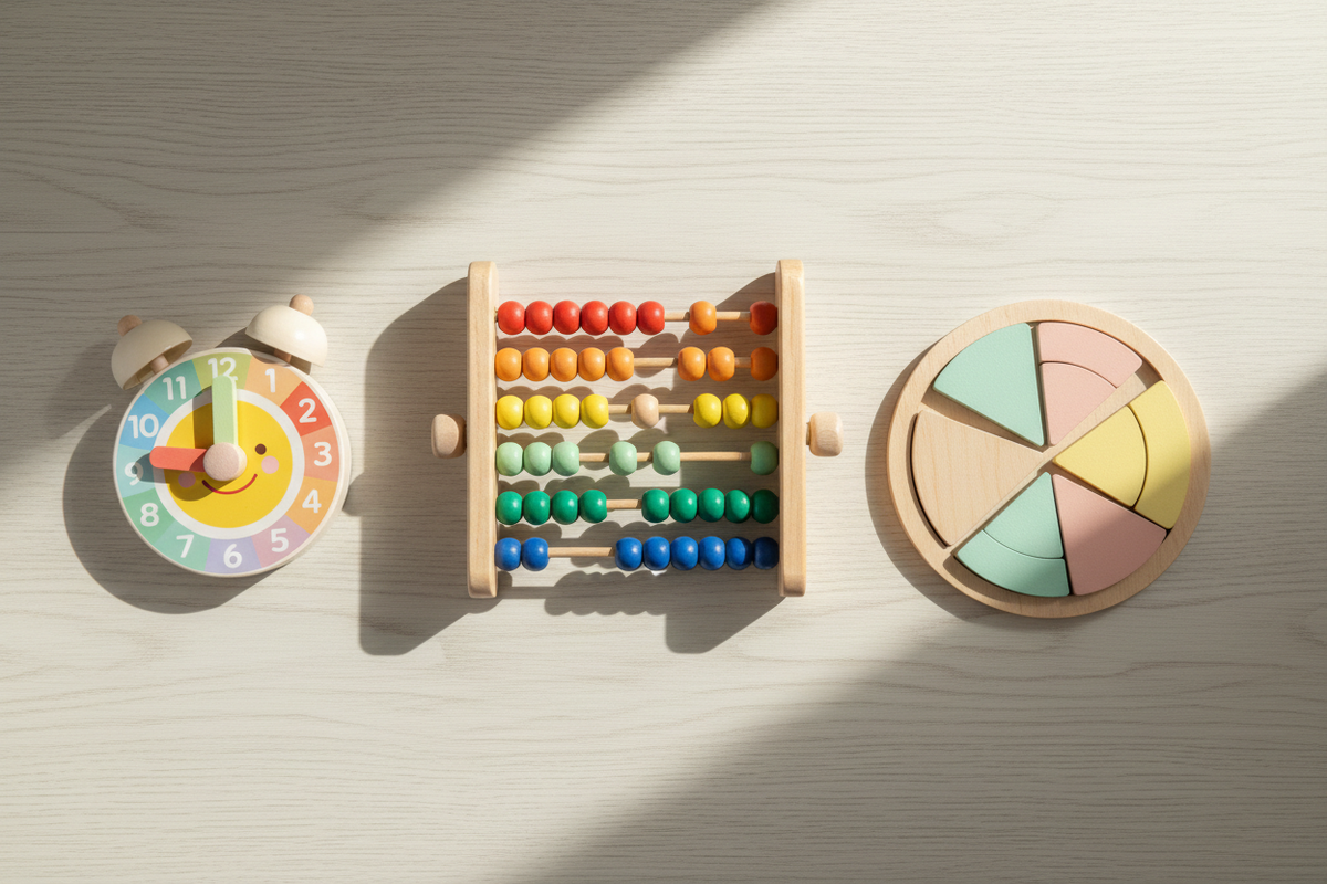 Jeux mathématiques en bois — boulier, fractions, horloge