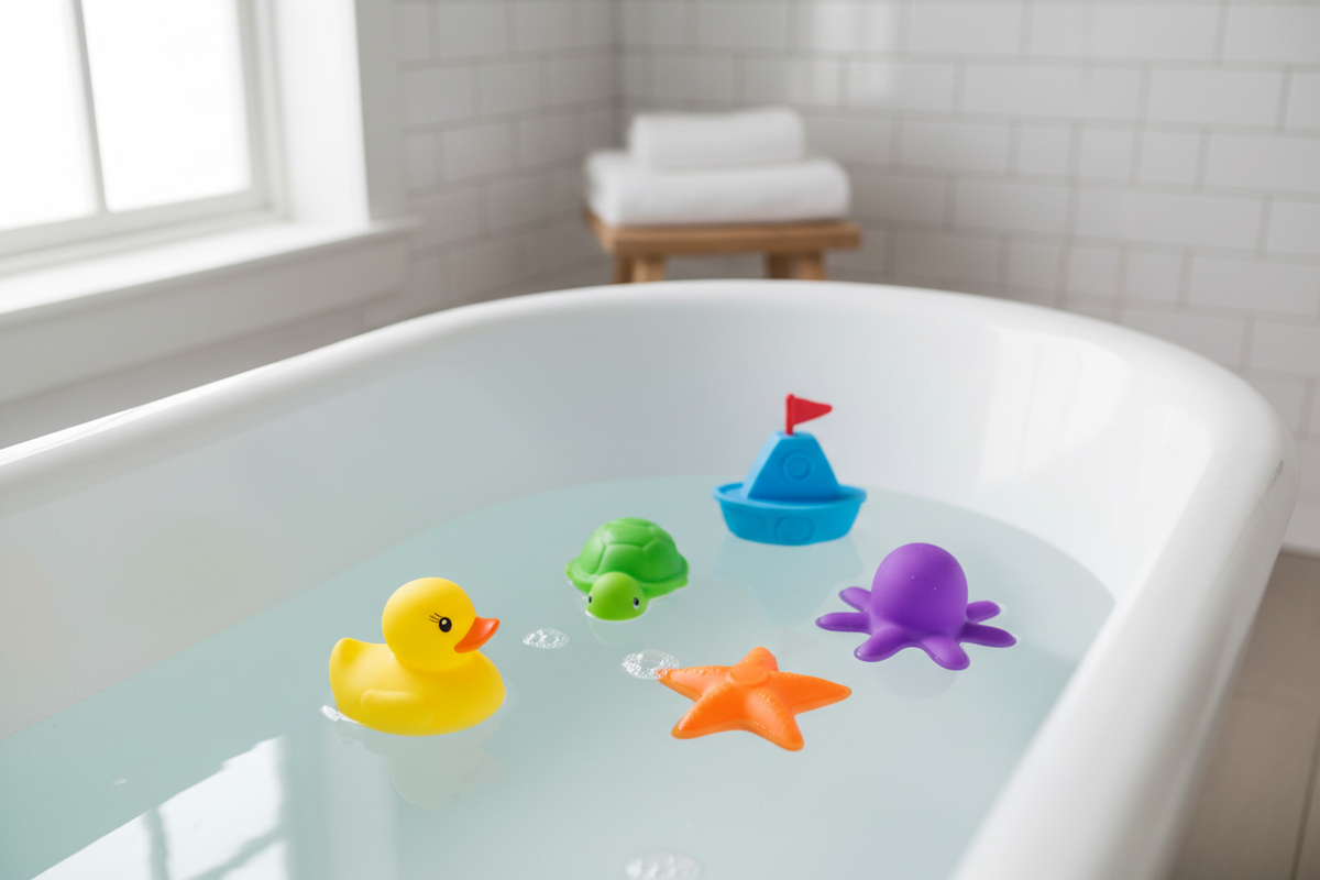 Jouets de bain colorés flottant dans la baignoire