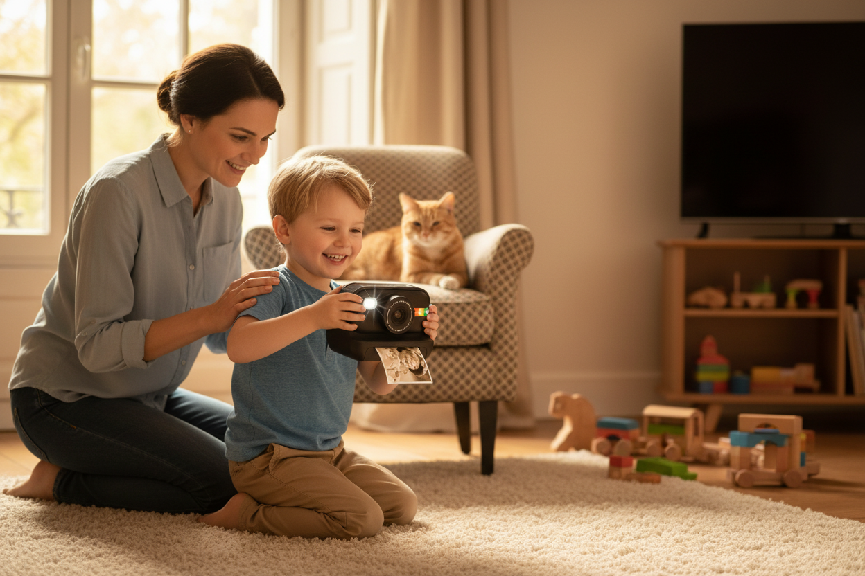 Léo et sa maman avec l'appareil photo instantané noir