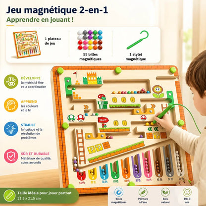 Labyrinthe magnétique Montessori en bois avec chiffres et billes colorées LogicPath - Petit Curio