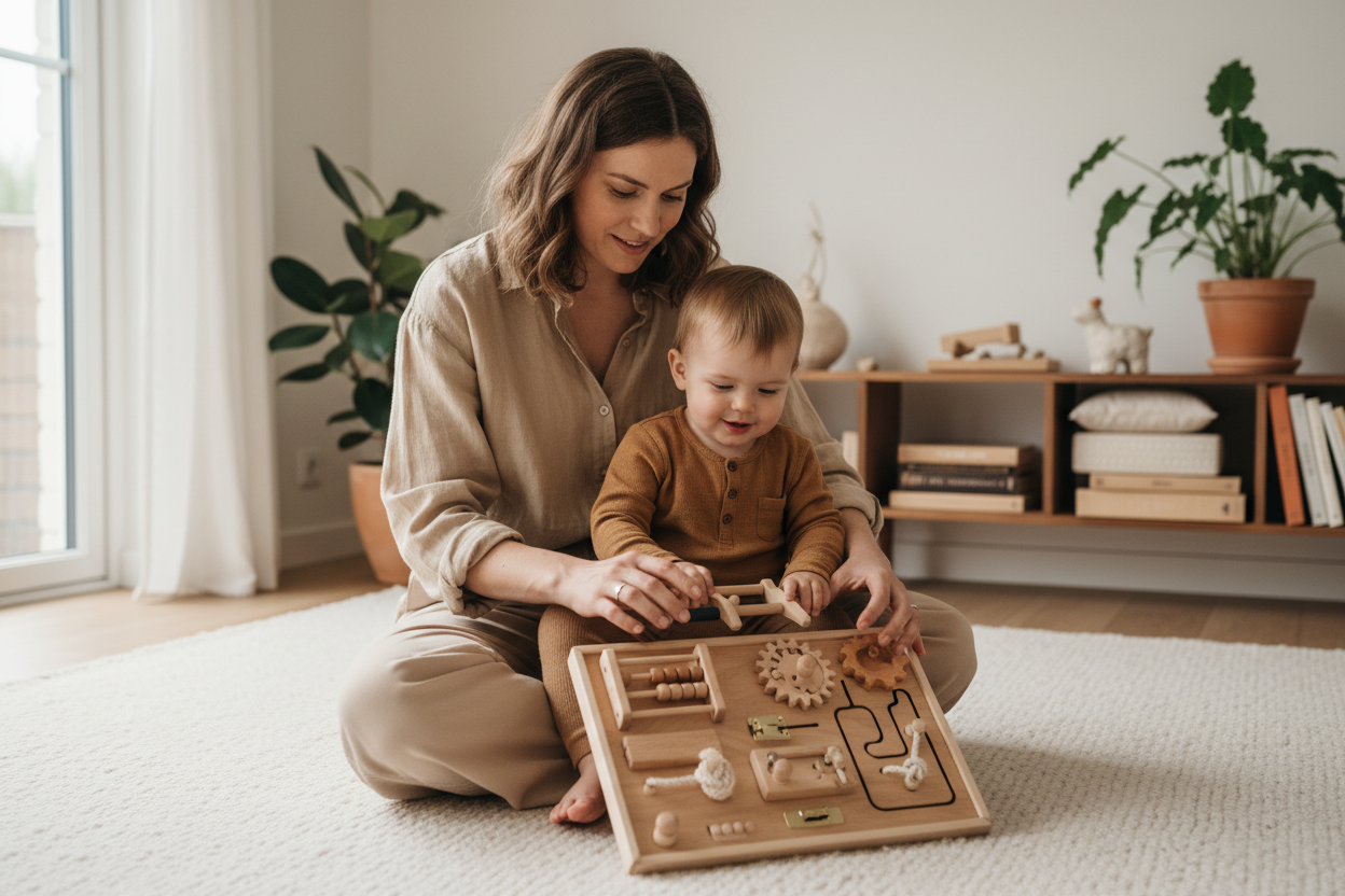 Mère et enfant jouant ensemble avec un busy board Montessori
