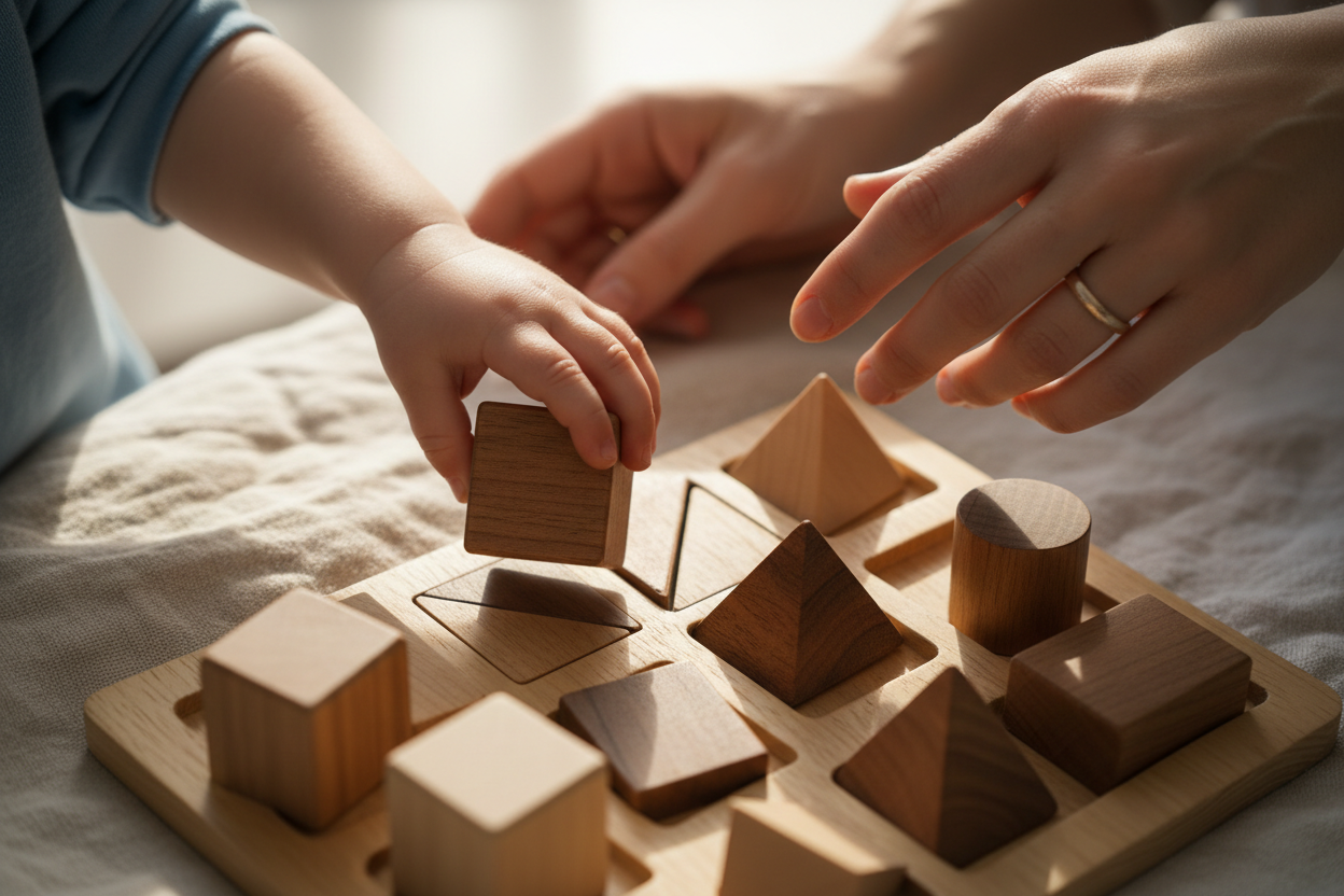 Macro mains enfant et parent jouets Montessori en bois lumière dorée