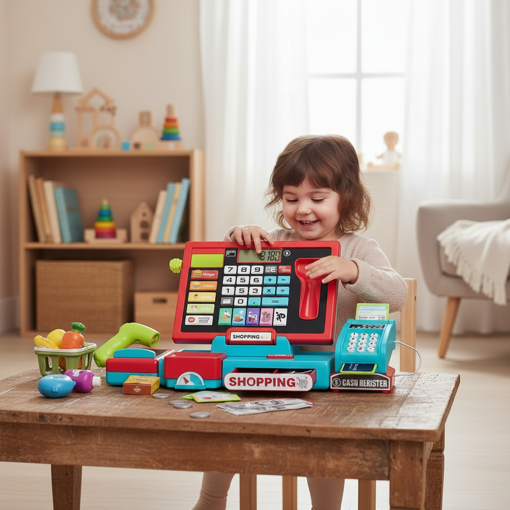 petite fille joue avec sa caisse marchande