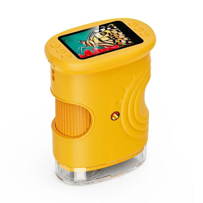 Microscope enfant ExplorScope observant un cristal de sel au grossissement 1000x, jaune