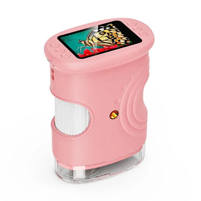 Microscope enfant ExplorScope observant un cristal de sel au grossissement 1000x, rose