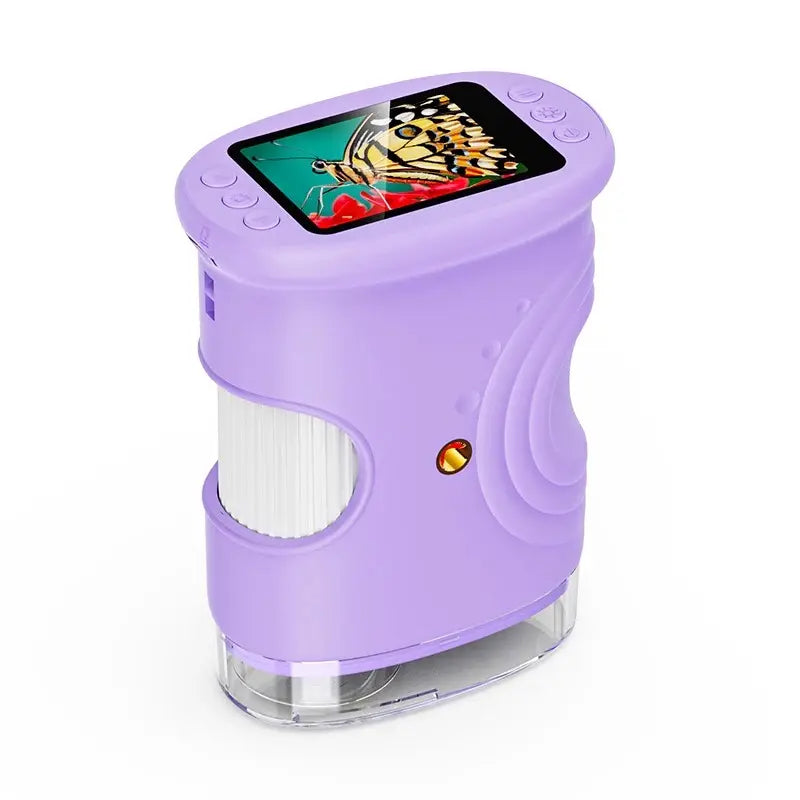 Microscope enfant ExplorScope observant un cristal de sel au grossissement 1000x, violet