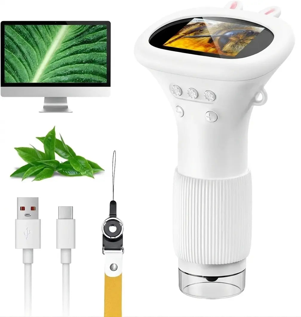 Microscope enfant MicroPixel blanc avec écran, câble USB et dragonne illustrés sur fond blanc.