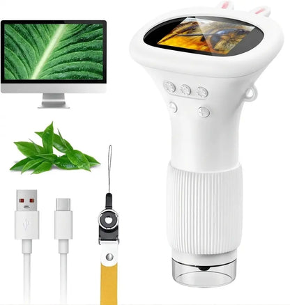 Microscope enfant MicroPixel blanc avec écran, câble USB et dragonne illustrés sur fond blanc.