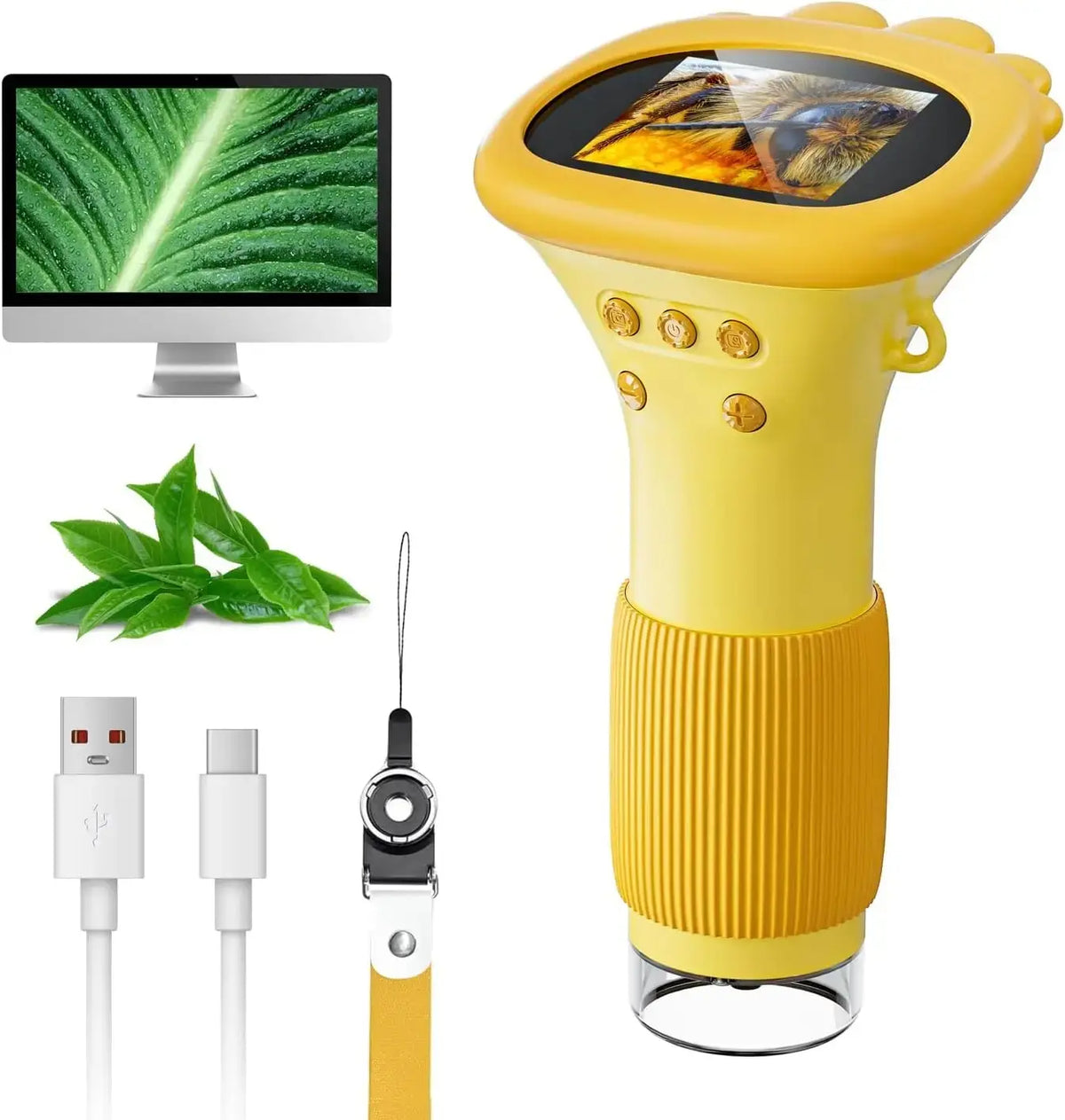 Microscope enfant MicroPixel jaune avec écran, câble USB et dragonne illustrés sur fond blanc.