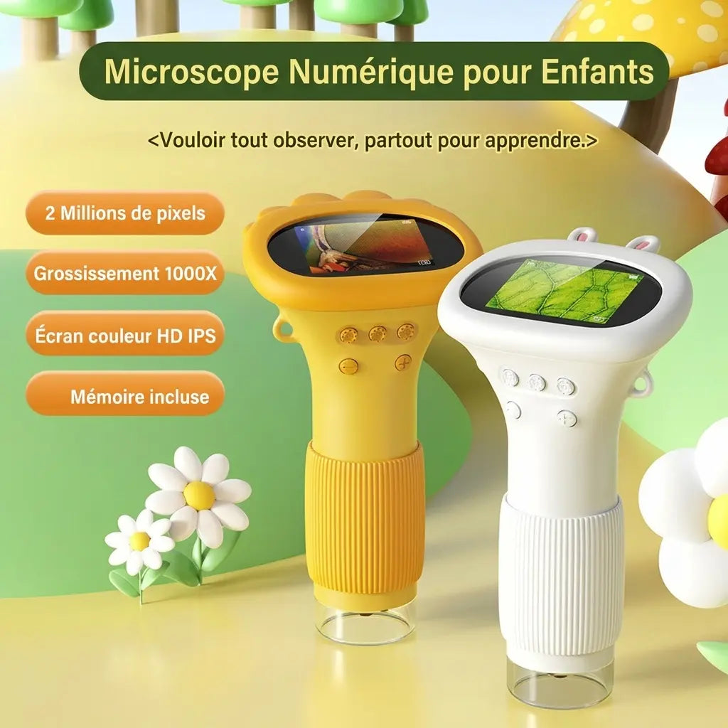 Microscope enfant numérique MicroPixel blanc et jaune avec écran intégré, présentation en français.