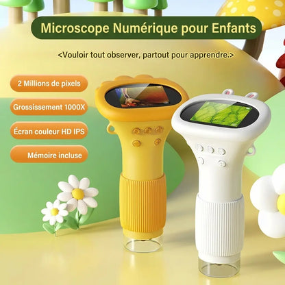 Microscope enfant numérique MicroPixel blanc et jaune avec écran intégré, présentation en français.