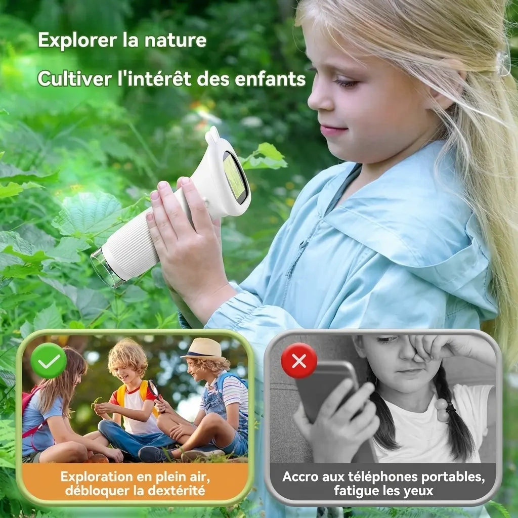 Enfant tenant un microscope portable enfant MicroPixel blanc près d’une feuille en extérieur.