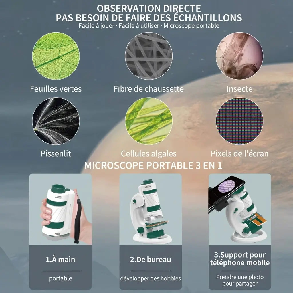 Trois configurations du microscope enfant MicroLab : à la main, sur support et avec adaptateur smartphone, avec exemples d’observation.