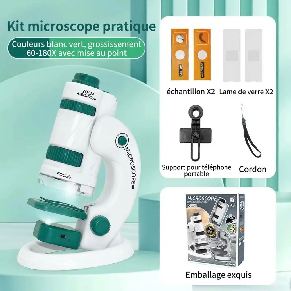 Coffret illustré du microscope enfant MicroLab avec support, deux préparations, deux lames, dragonne et adaptateur smartphone.