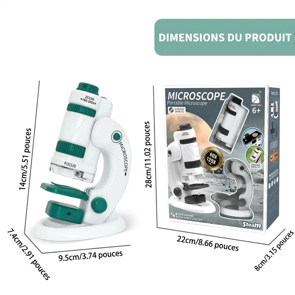 Dimensions du microscope enfant MicroLab sur support : environ 14 × 9,5 × 7,4 cm, avec son emballage présenté à côté.