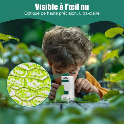 Enfant utilisant le petit microscope enfant MicroLab parmi des végétaux, avec une illustration de cellules végétales.