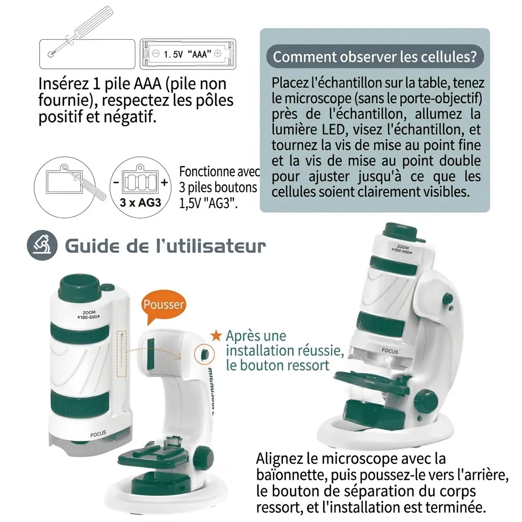 Guide du microscope portable enfant MicroLab : fixation du module sur son support et schémas des piles AAA et AG3.
