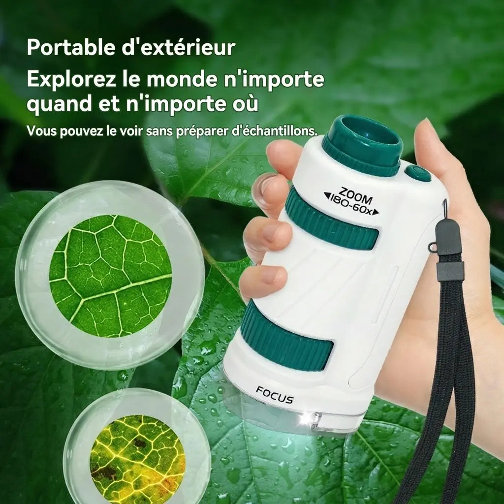 Microscope portable enfant MicroLab blanc et vert tenu à la main avec dragonne, devant des feuilles et des agrandissements illustratifs.