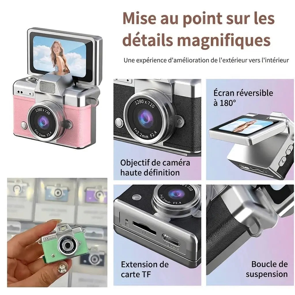 Détails du mini appareil photo rétro : objectif, écran rabattable à 180°, emplacement pour carte TF et attache pour dragonne.