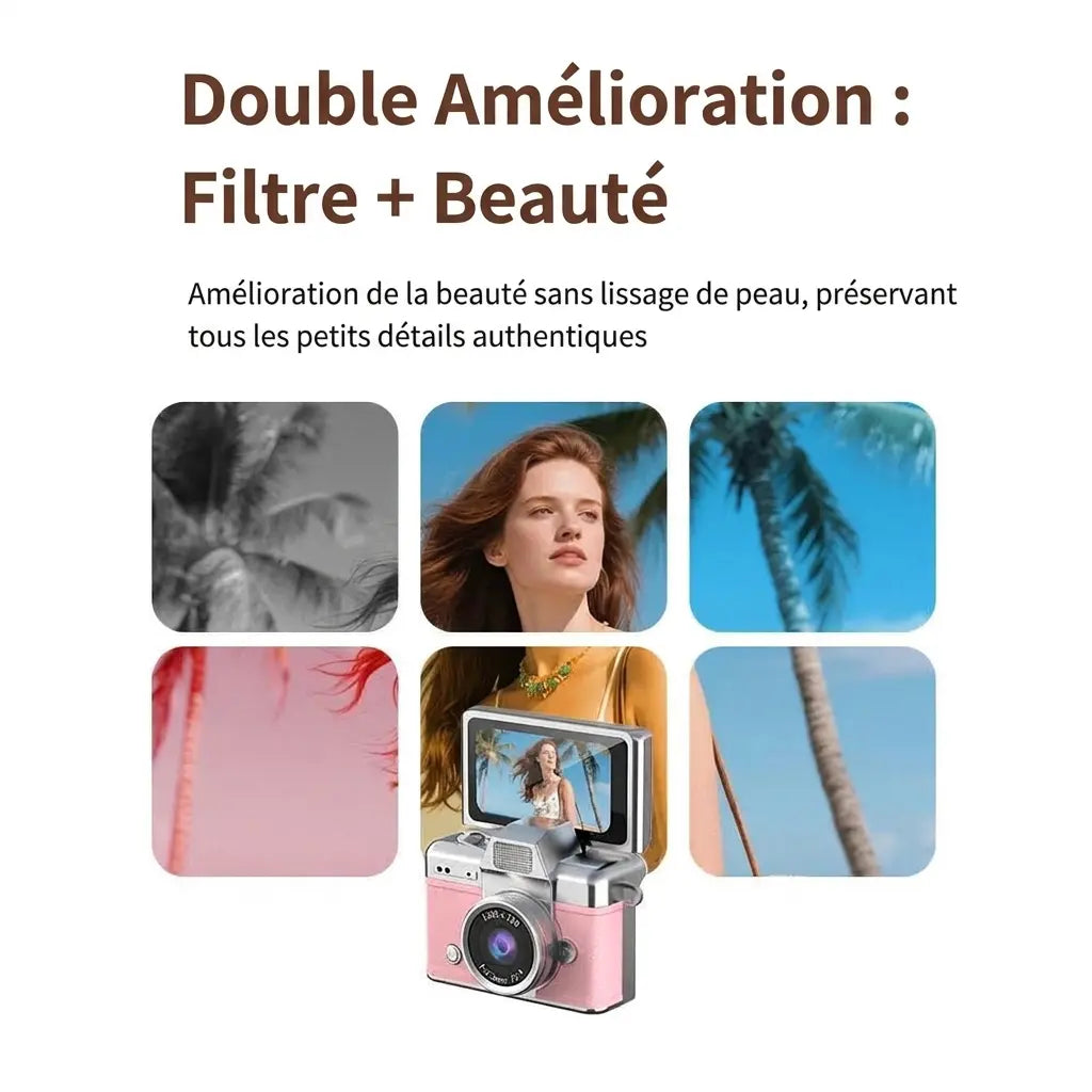 Mini appareil photo rétro rose avec écran relevé et exemples de portrait en couleur, en noir et blanc et avec différentes teintes.