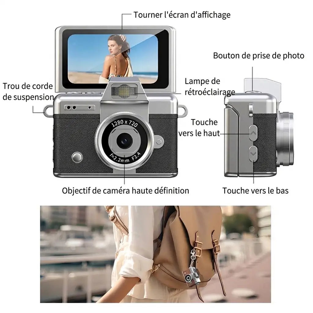 Schéma du mini appareil photo numérique noir montrant l’écran relevé, les boutons et les attaches, avec un exemple fixé à un sac à dos.