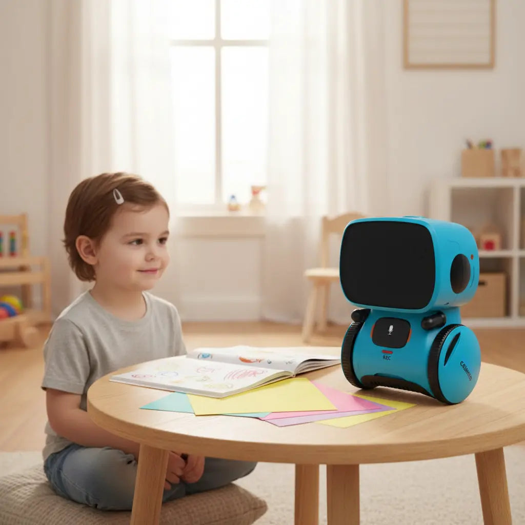 MrBot™ bleu posé sur une table dans un coin de jeu, observé par un enfant avec des feuilles de dessin