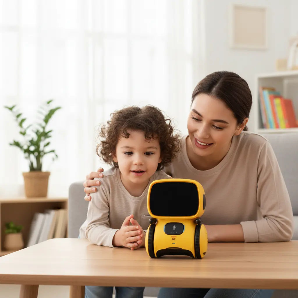 MrBot™ jaune posé sur une table, observé par un enfant accompagné d’un parent dans une scène lifestyle lumineuse