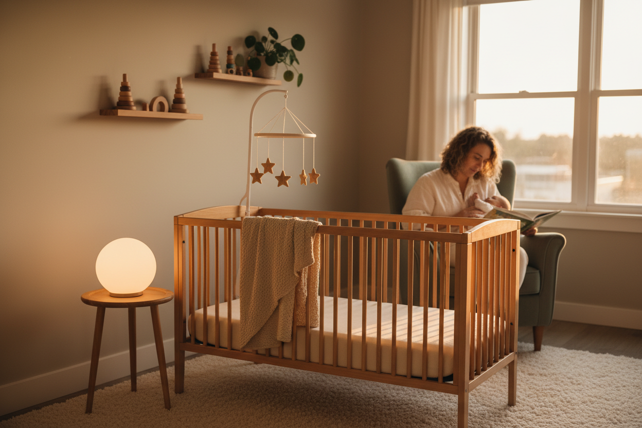 Nurserie berceau bois parent histoire bebe sommeil