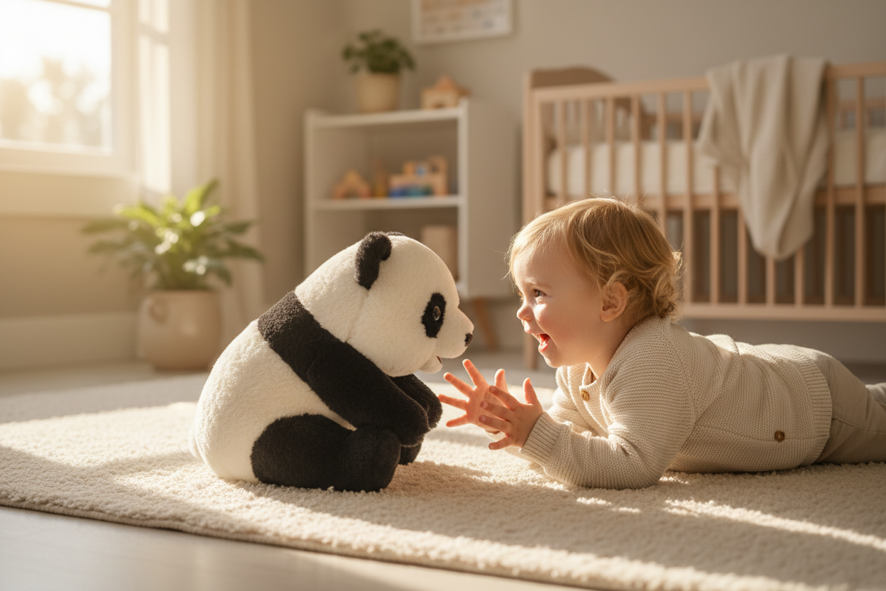 Panda peluche parlant a un enfant