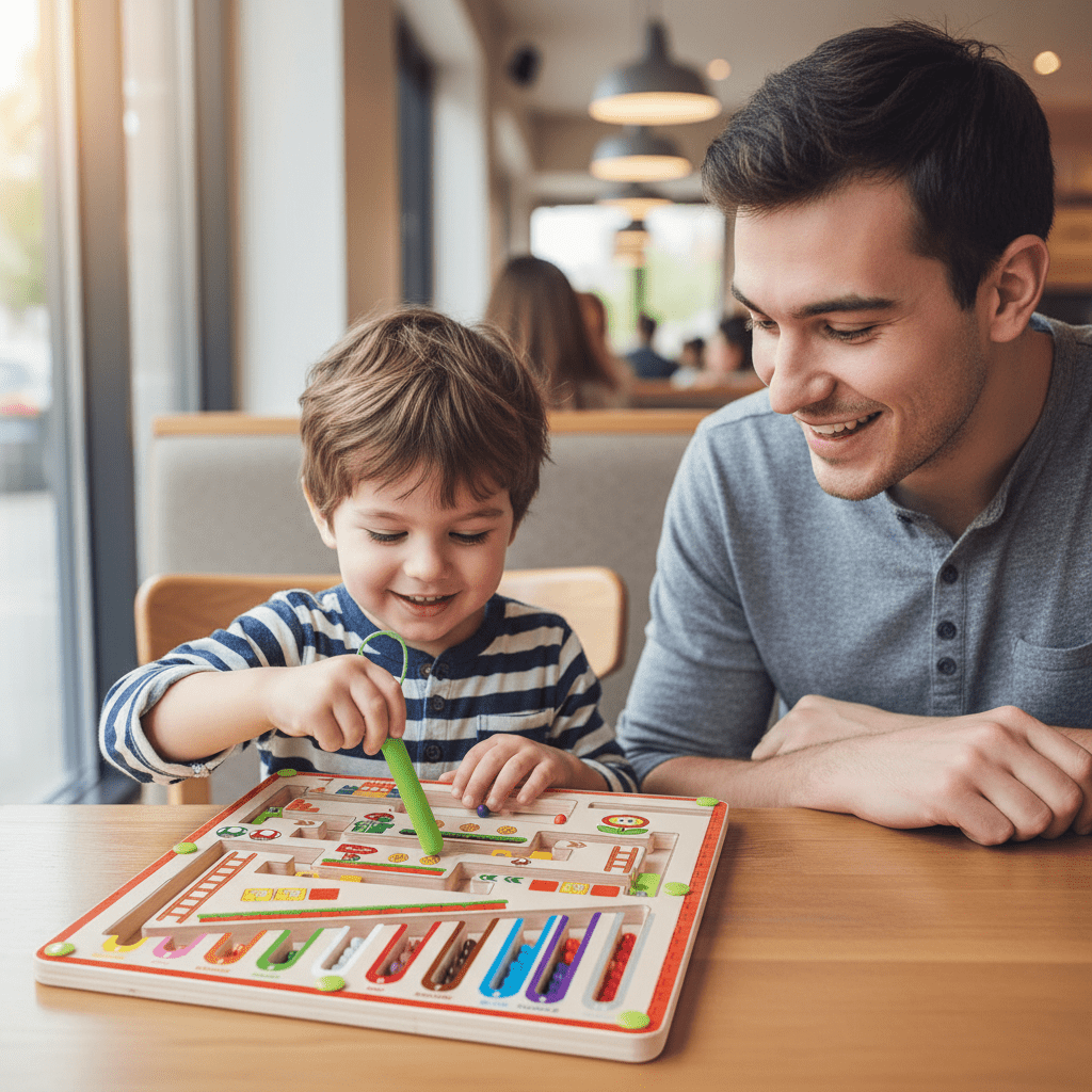 Jeux de logique - papa et fils jouent au restaurant