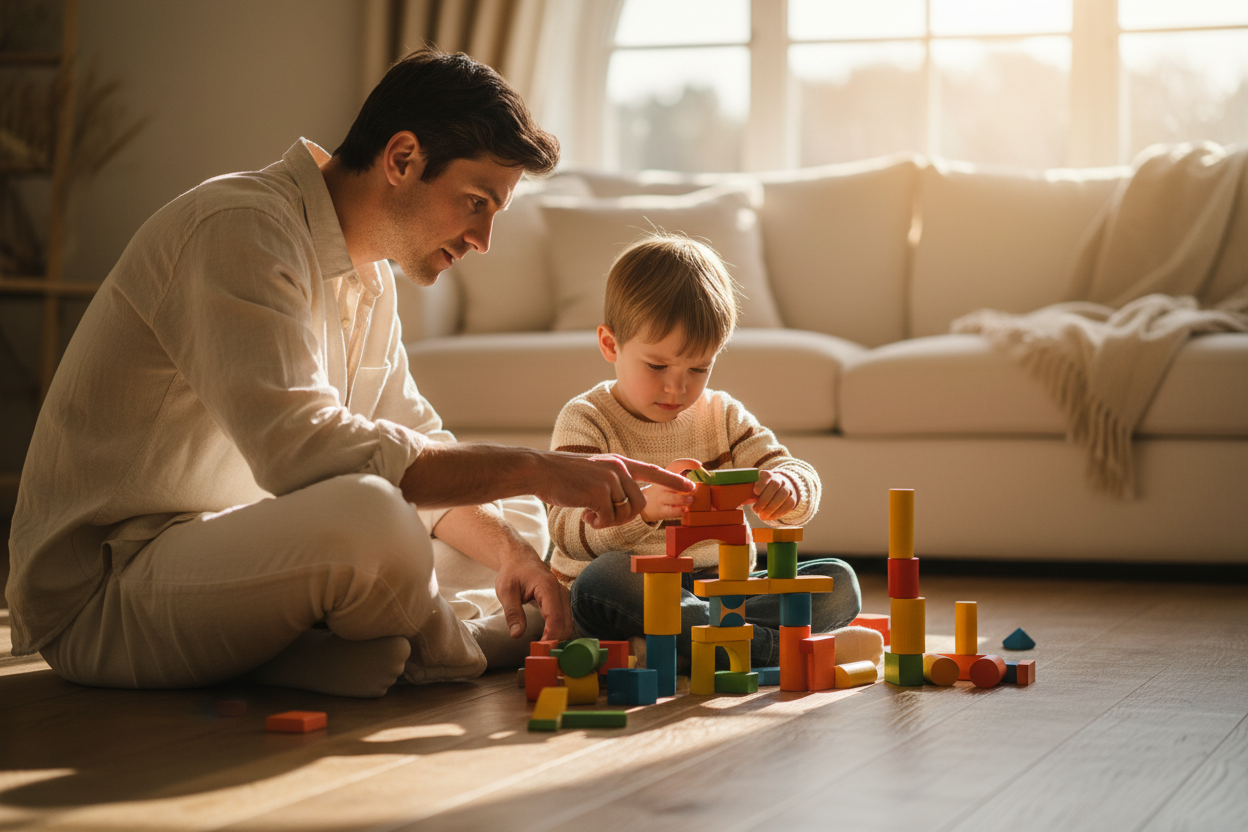 Parent et enfant jouant avec des blocs en bois, lumière cinématographique