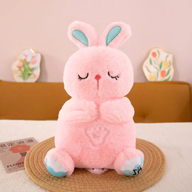 Peluche bruit blanc lapin rose Berceuse-Lapin™ court en peluche brodé oreilles turquoise - Petit Curio