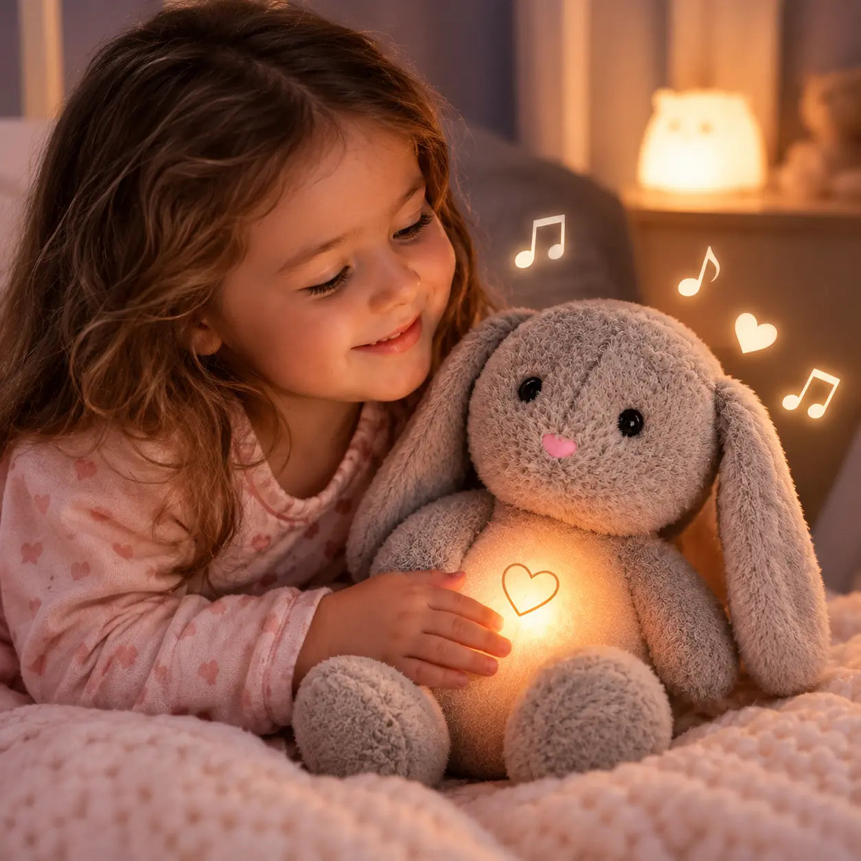 Peluche bruit blanc lapin gris doux avec lumière apaisante - LuniLapin™ Petit Curio