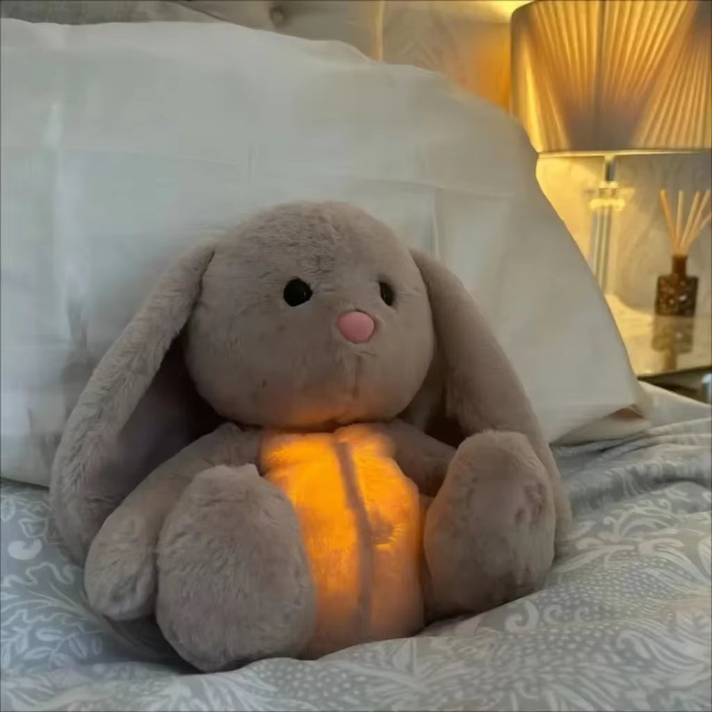 Peluche bruit blanc lapin gris doux avec lumière apaisante - LuniLapin™ Petit Curio