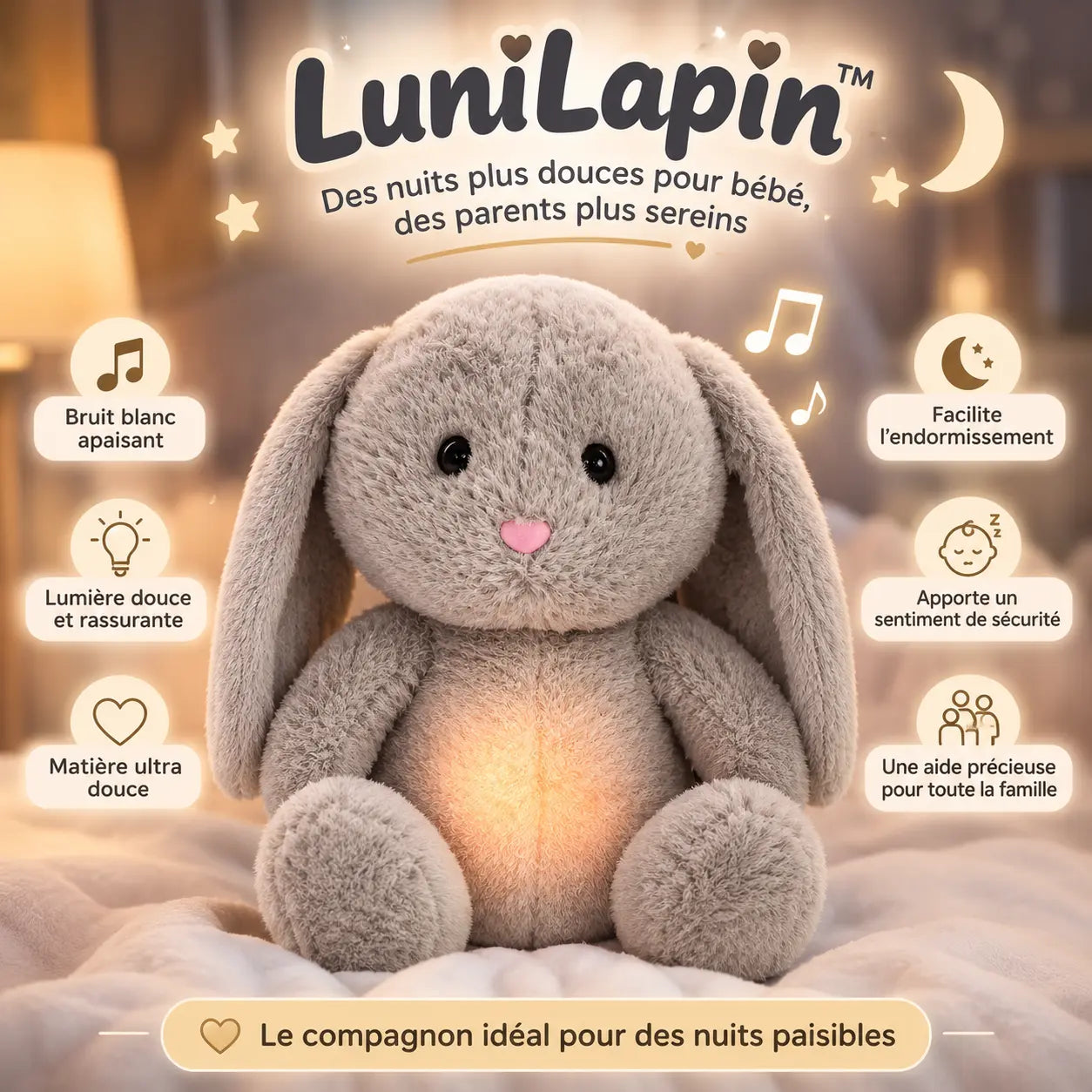 Peluche bruit blanc lapin gris doux avec lumière apaisante - LuniLapin™ Petit Curio