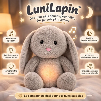 Peluche bruit blanc lapin gris doux avec lumière apaisante - LuniLapin™ Petit Curio