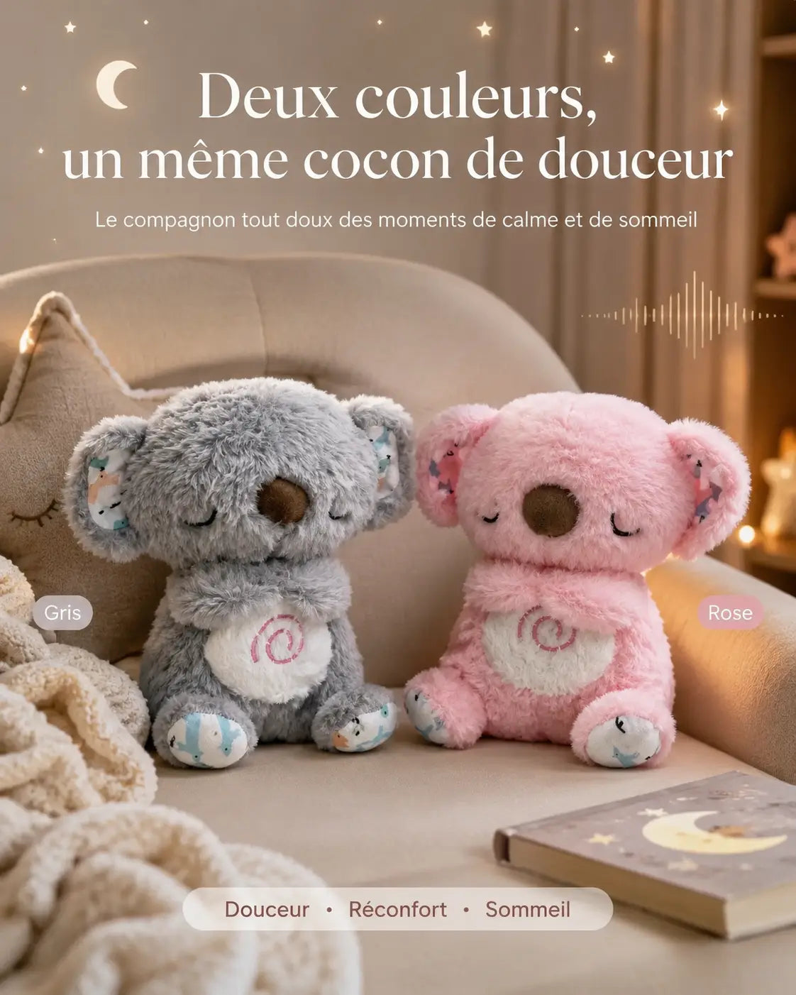 Peluche koala respiration rythmique avec musique et lumières LuniKoala - Petit Curio